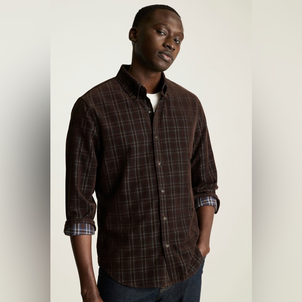 NWT Bonobos Stretch Corduroy Shirt in Blue Chocolate Plaid